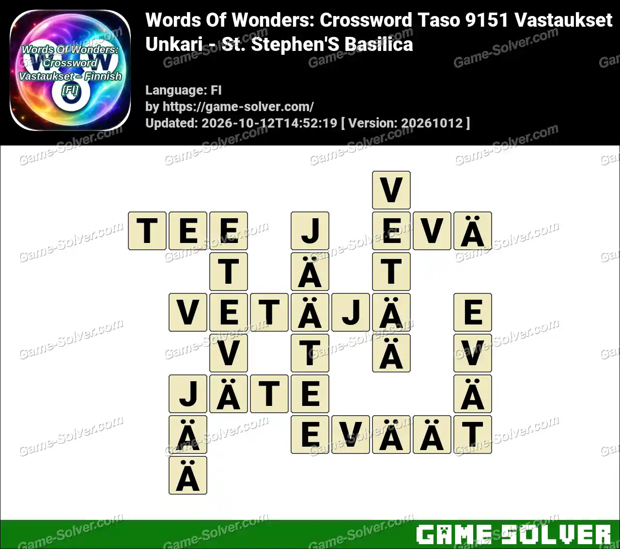 Words Of Wonders: Crossword Taso 9151 Vastaukset – Unkari – St. Stephen’S Basilica